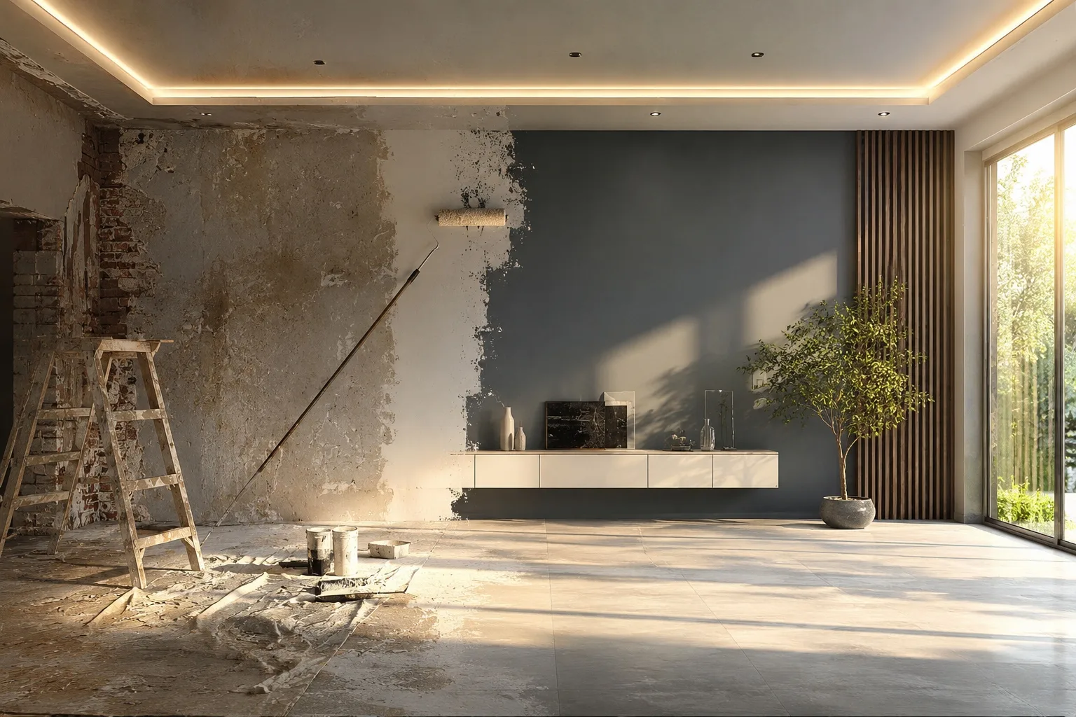 Remodelação de sala executada pela D&B Serviços — pintura e acabamentos em Santarém